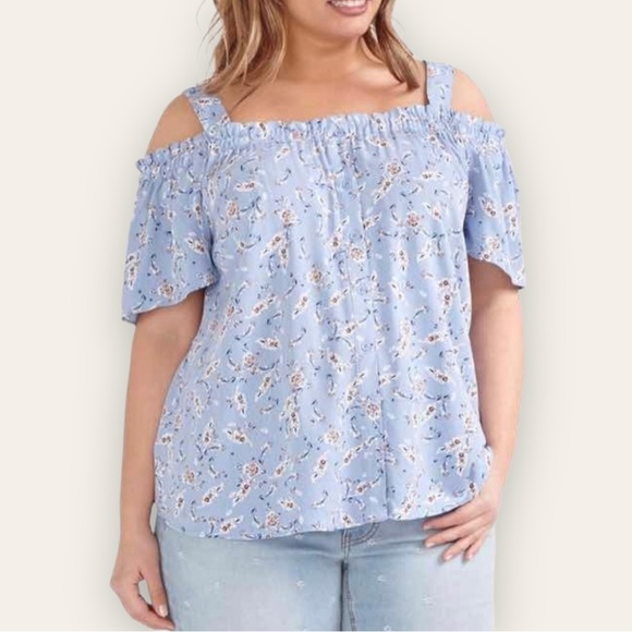 ADDITION ELLE - Off The Shoulder, Cold Shoulder, Button-Up Floral Ruffle Blouse - Picture 10 of 11